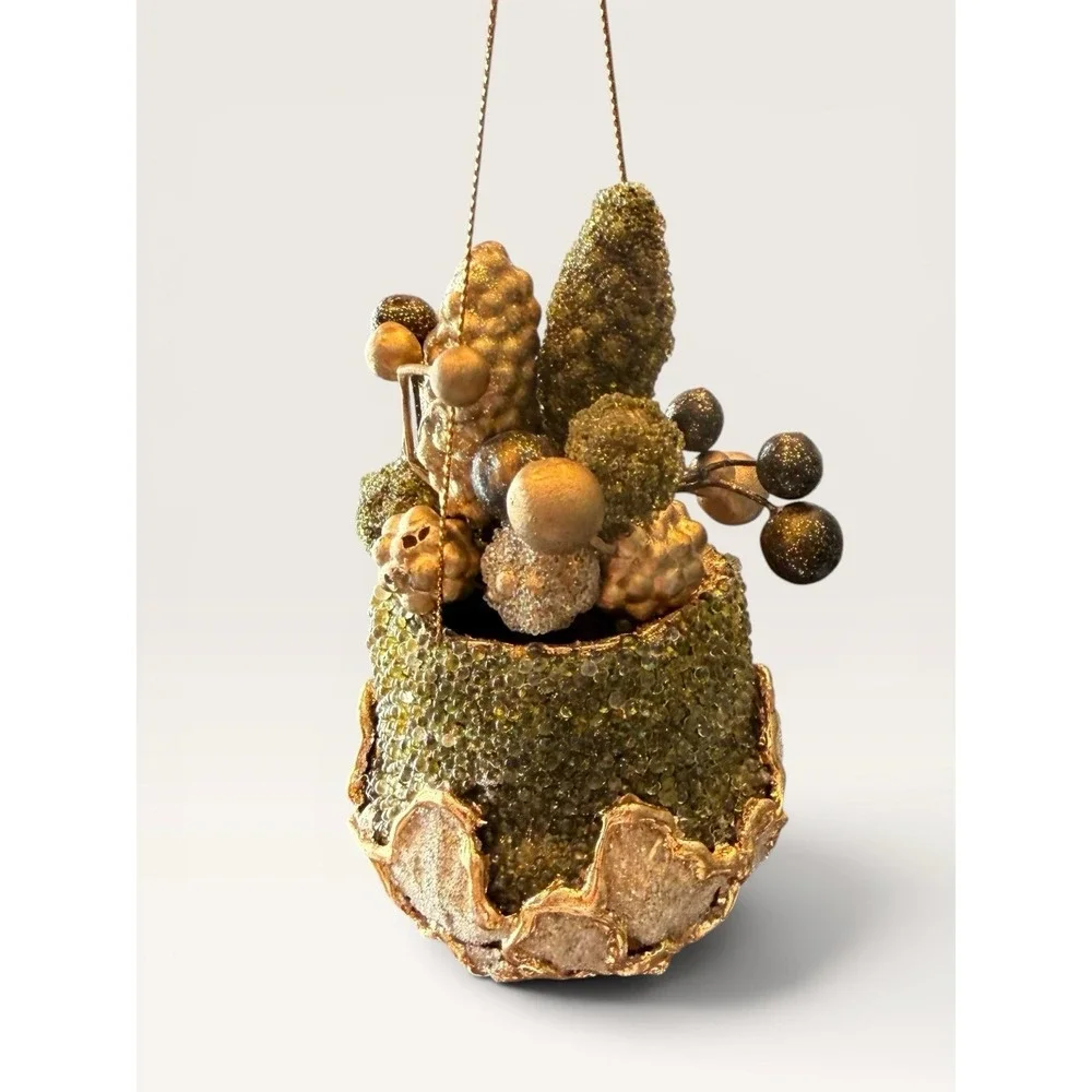 Sugared Sparking Green Gold Fruit Basket Grapes Ornament 4.5